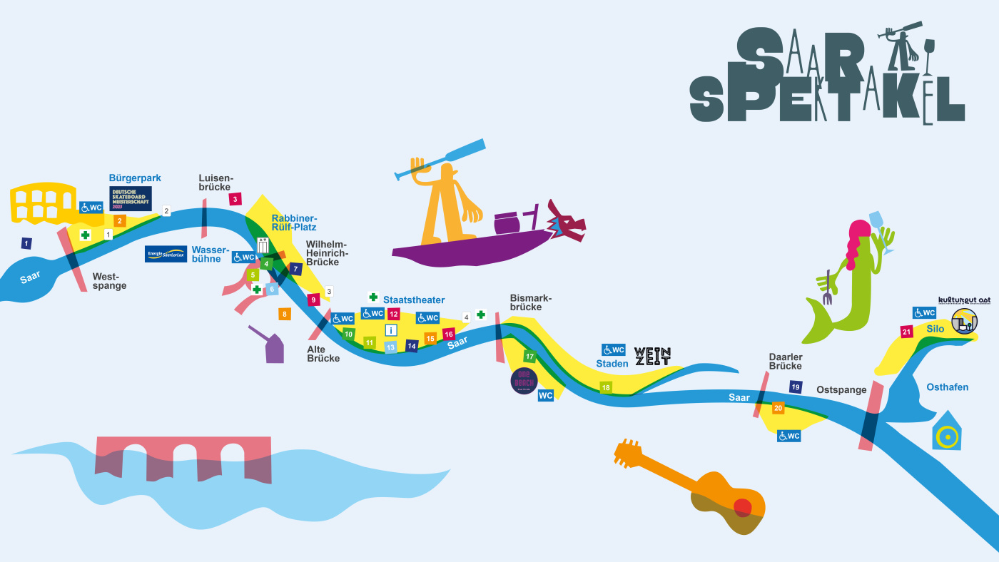 Lageplan mit verschiedenen Veranstaltungsorten vom Osthafen zur Westspange